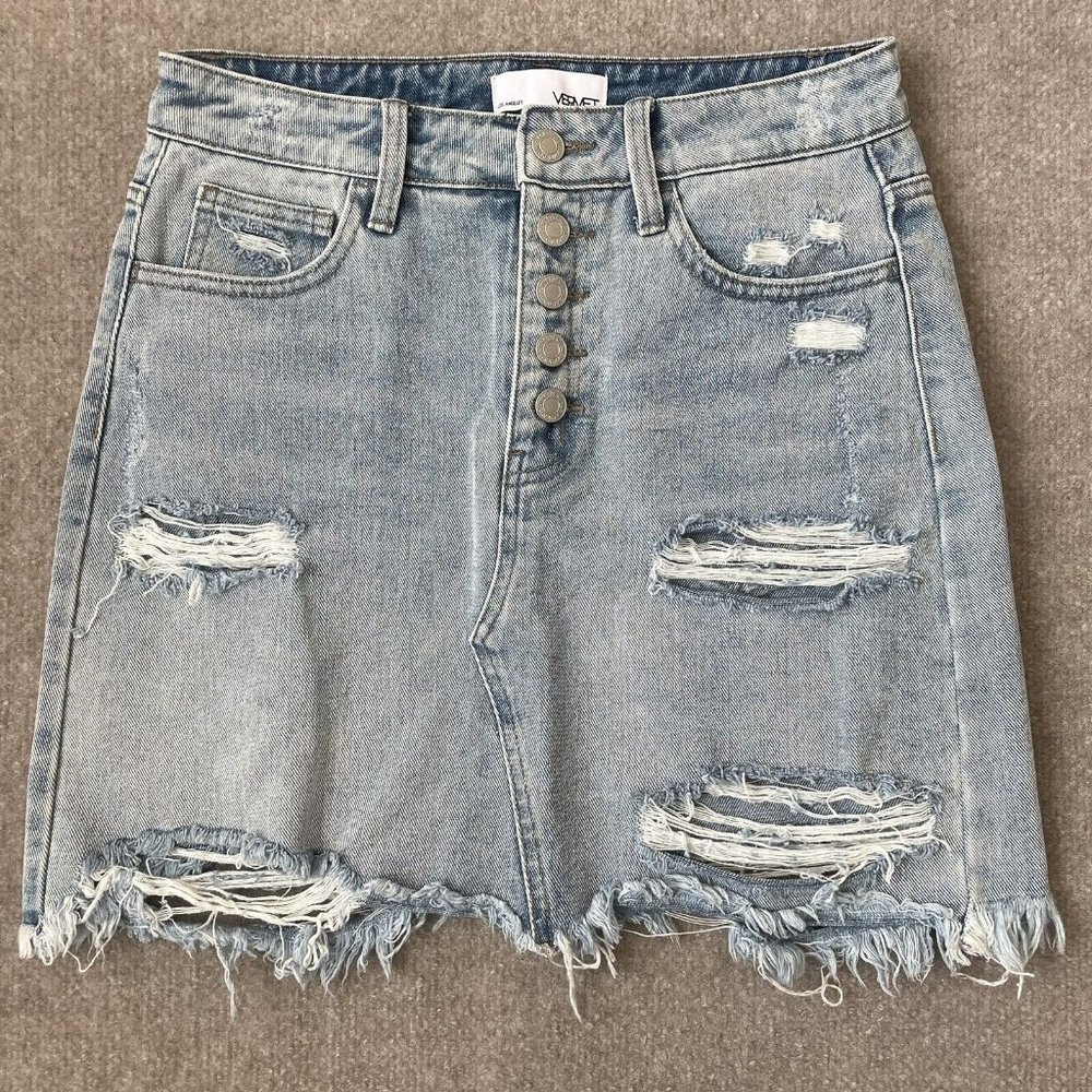 Vervet Denim Skirt Womens Small Light Wash Distressed Destroyed Button Fly Blue